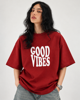 "Women's Good Vibes Oversized T-Shirt - Red - 180 GSM Regular Fit "