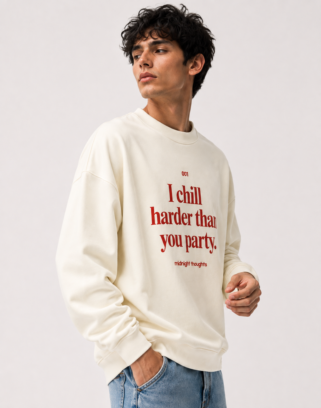Midnight Chill Typography Oversized Sweatshirt - BEIGE