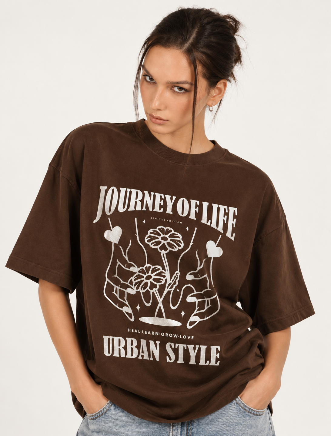 Women’s Journey of Life – Floral Hands Oversized T-Shirt  – 180 GSM
