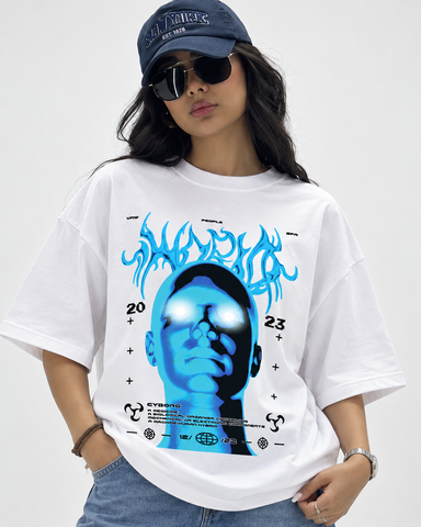 Women’s “Cyborg” FuturisticRelaxed Fit White Oversized T-Shirt – 180 GSM
