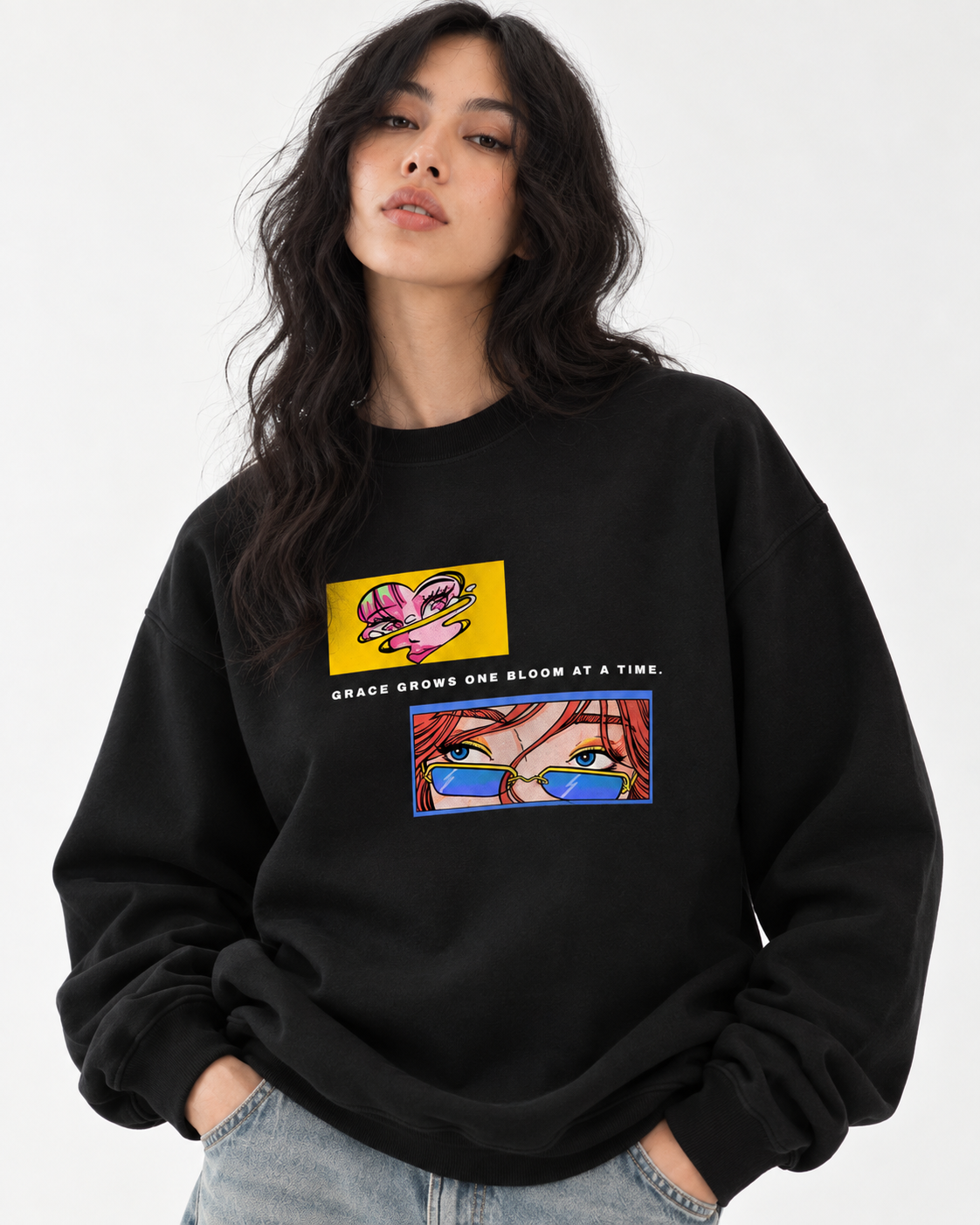 KID LUFFY LAW Anime Crew Graphic Navy Oversized Sweatshirt - black