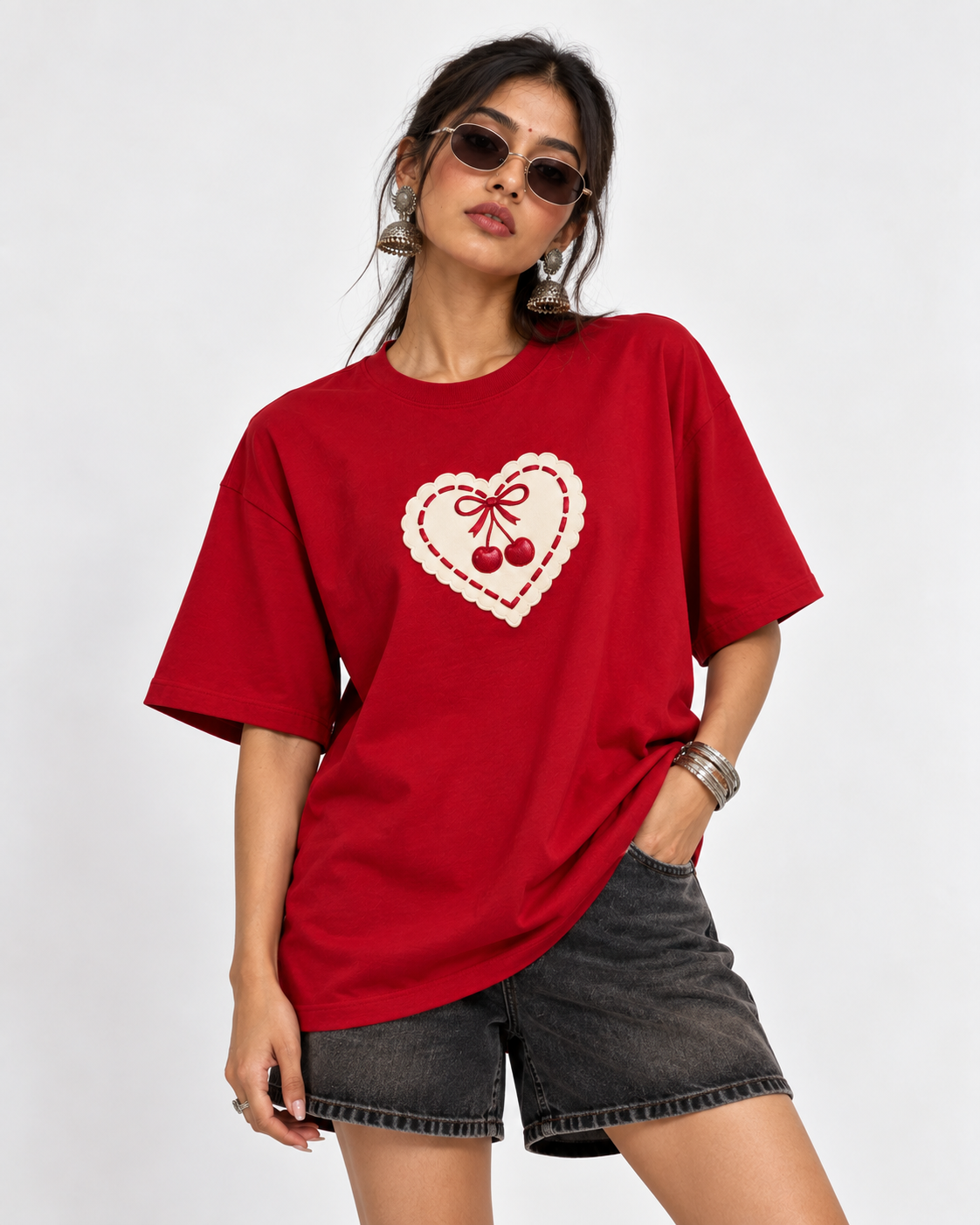 Women’s Cherry Heart Bow Red Graphic Oversized T-Shirt –  – 180 GSM