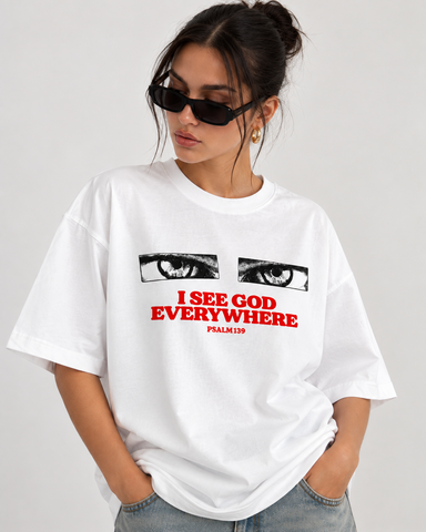 Women’s “I See God Everywhere Relaxed Fit White Oversized T-Shirt – 180 GSM