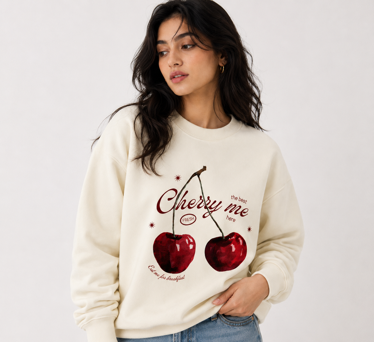 Cherry Me Fresh Graphic Cream Sweatshirt - beige