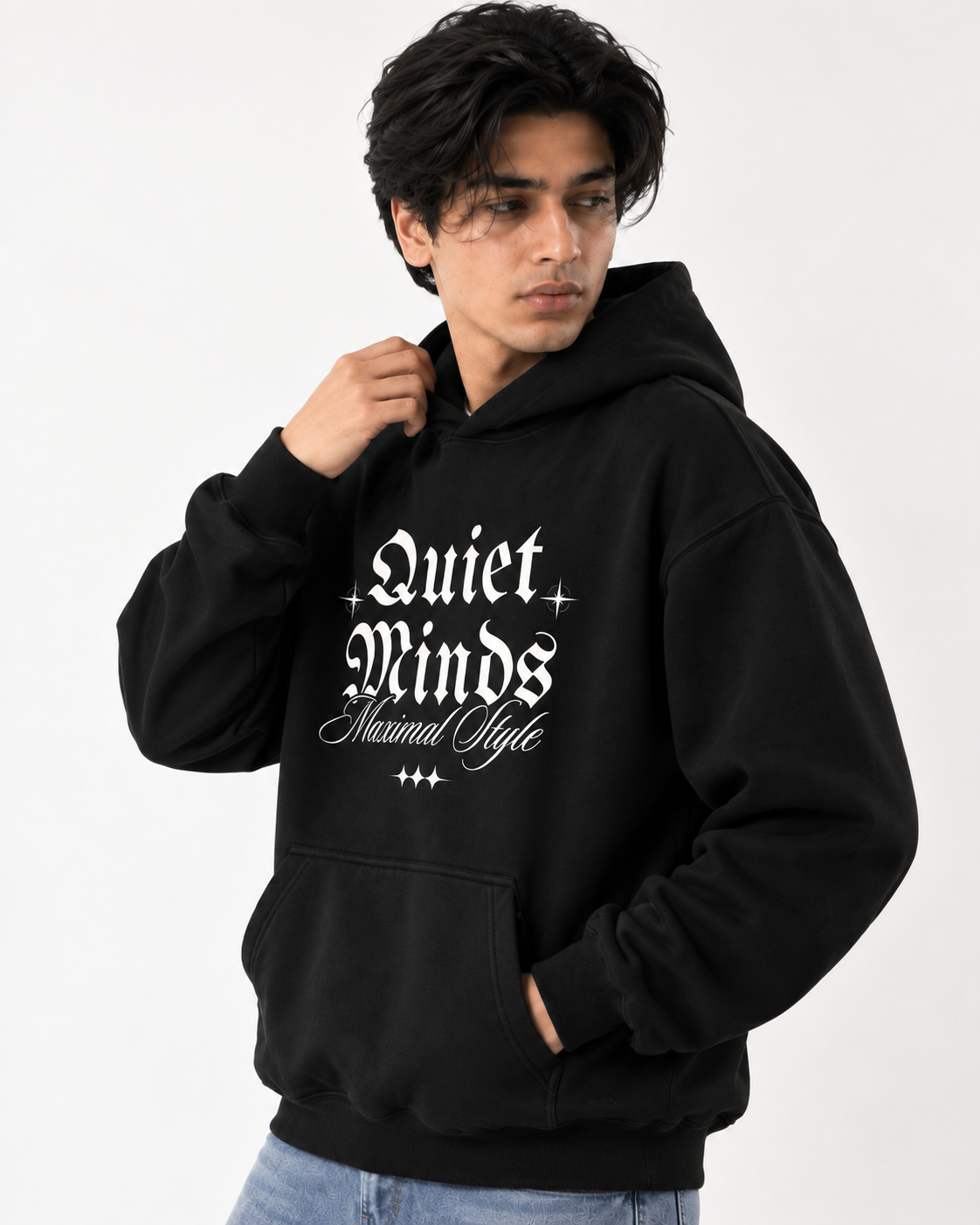 Men's Black QUIET MINDS Graphic Print Pullover Hoodie - BLACK
