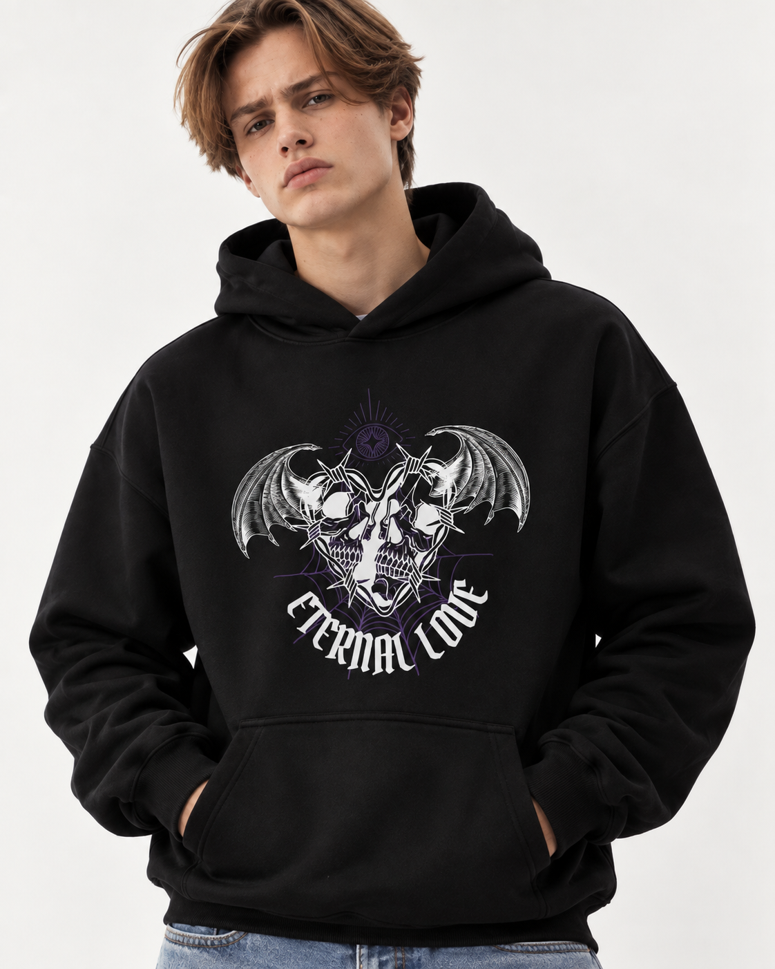 Men's Black ETERNAL LOVE Graphic Print Pullover Hoodie - BLACK