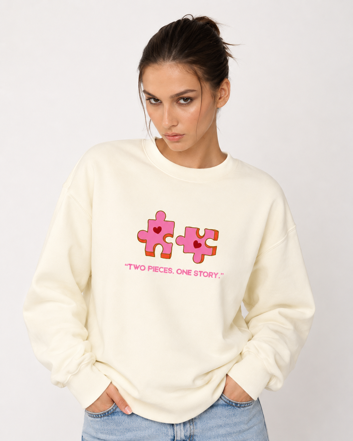 Two Pieces One Story Puzzle Graphic Sweatshirt - beige