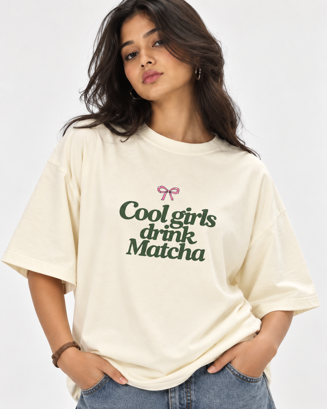 Women’s Cool Girls Drink Matcha Cream White Graphic Oversized T-Shirt – 180 GSM