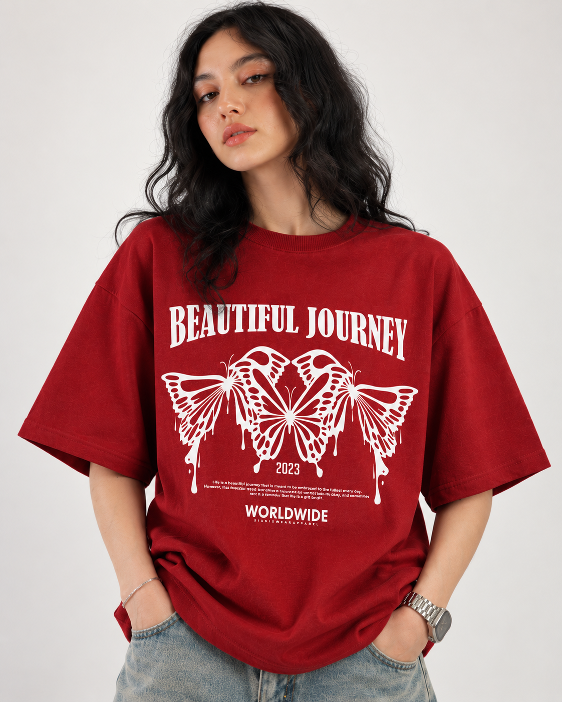 Women’s “Beautiful Journey” Butterfly Relaxed Fit Red Oversized T-Shirt – 180 GSM