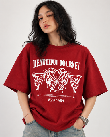 Women’s “Beautiful Journey” Butterfly Relaxed Fit Red Oversized T-Shirt – 180 GSM
