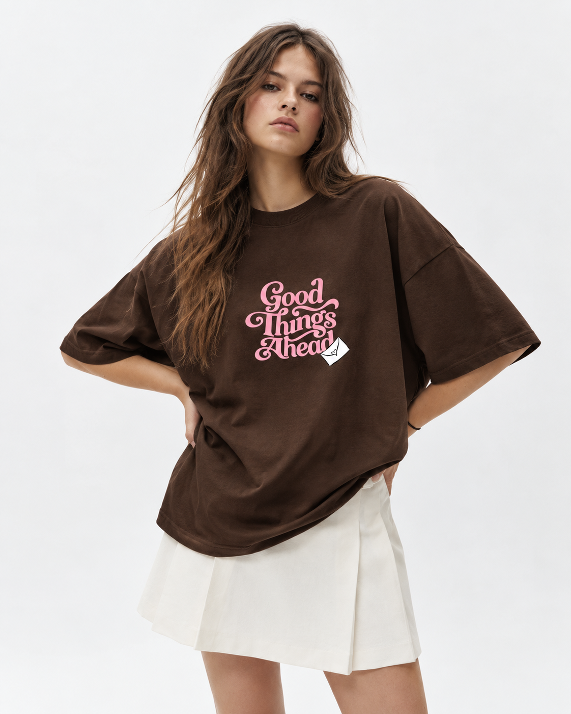 Women’s Good Things Ahead – Pink Typography Oversized T-Shirt  – 180 GSM