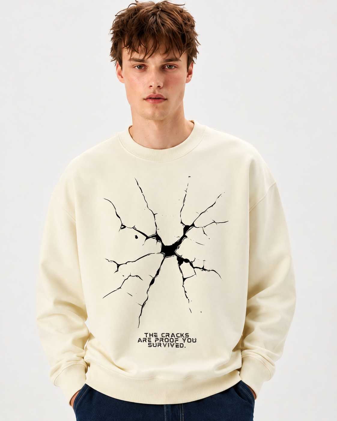 Cracked Reality Graphic Printed Oversized Sweatshirt - BEIGE