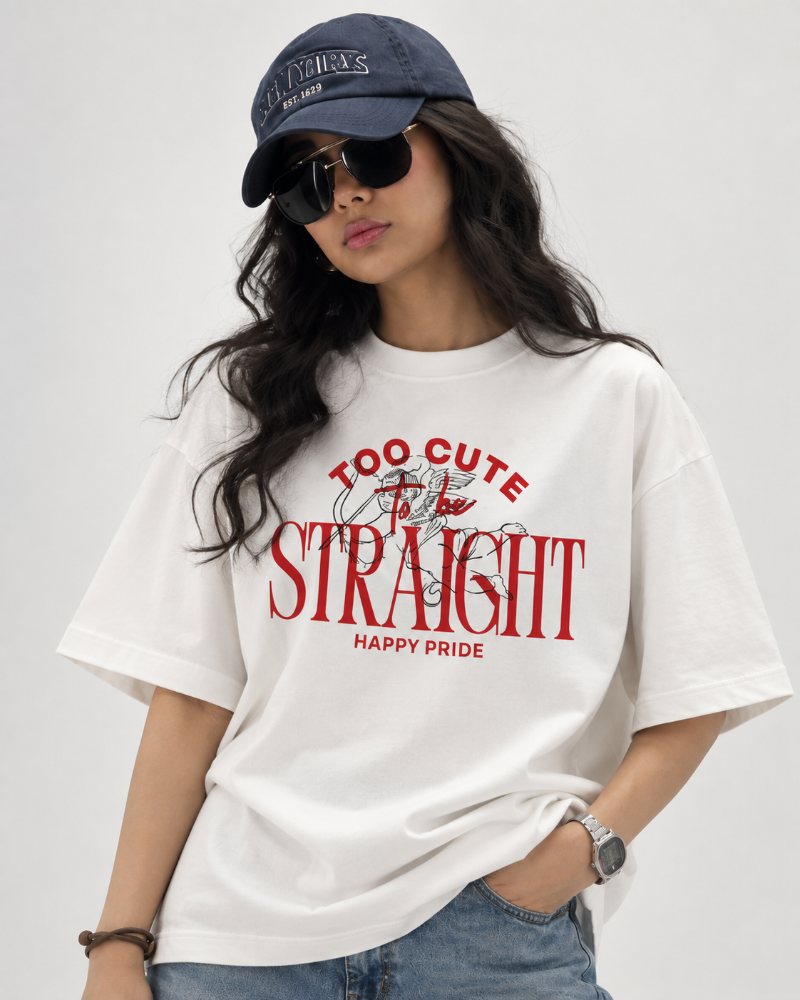 "Women's Too Cute Straight Oversized T-Shirt - White - 180 GSM Regular Fit "