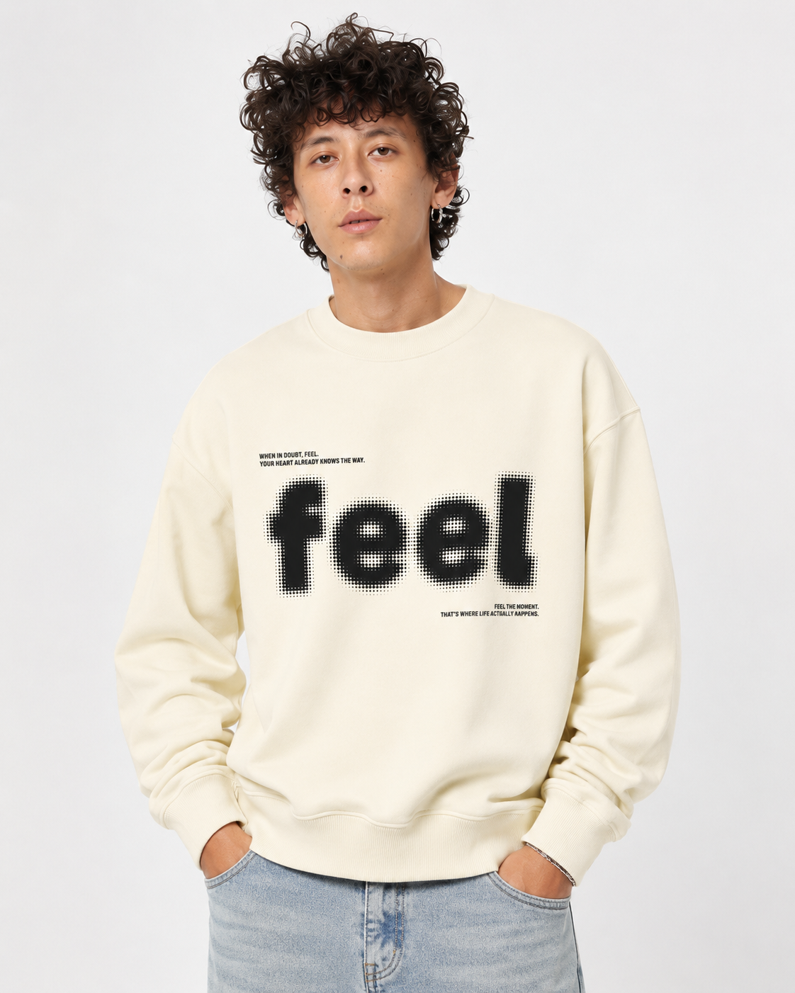 Feel The Moment Oversized Typography Sweatshir - BEIGE