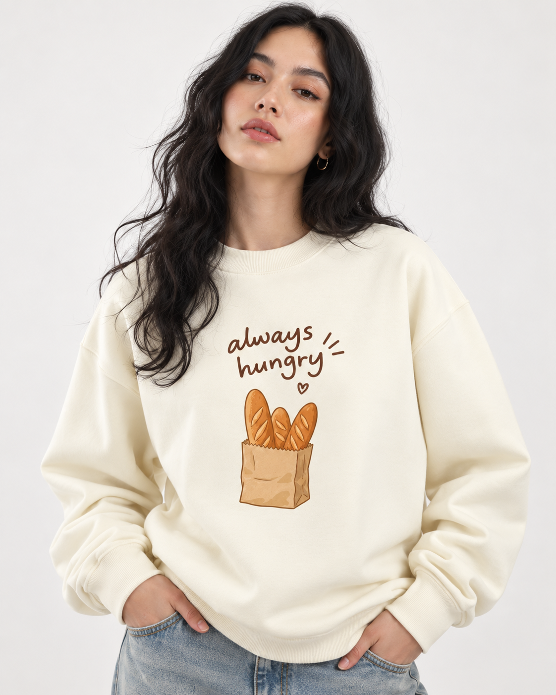 Always Hungry Bread Graphic Cream Sweatshirt - beige
