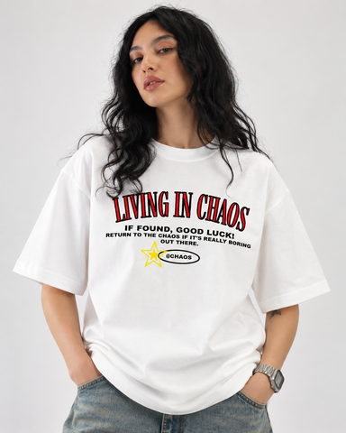 Women’s “Living in Chaos” Relaxed Fit White Oversized T-Shirt – 180 GSM