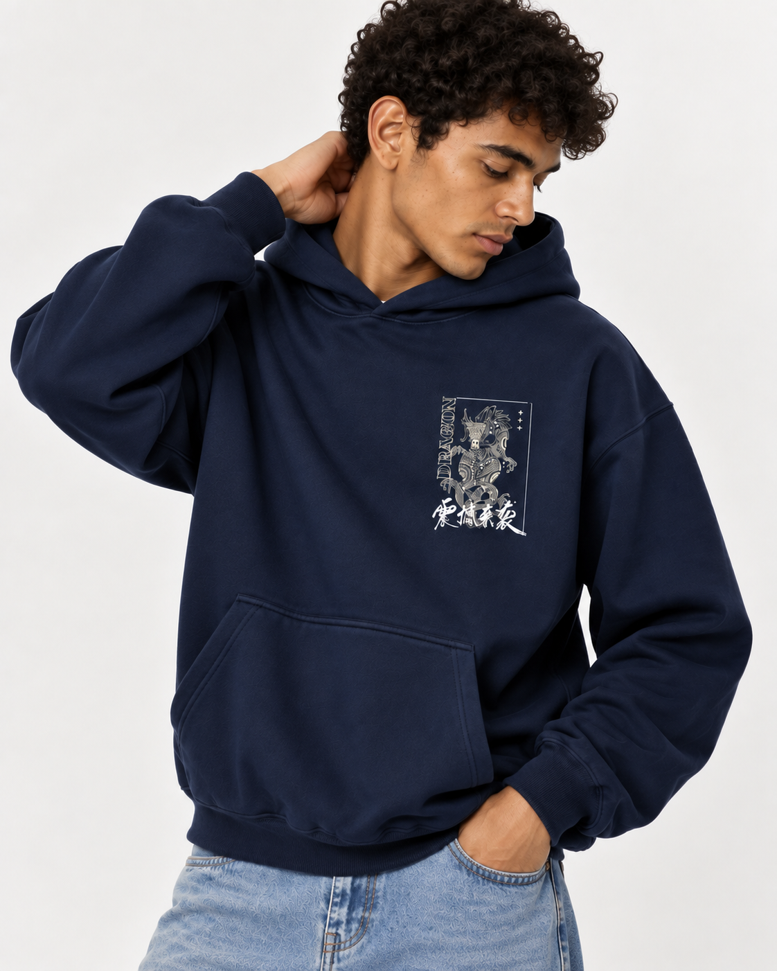 Men's Navy Blue DRAGON Graphic Print Pullover Hoodie - BLUE
