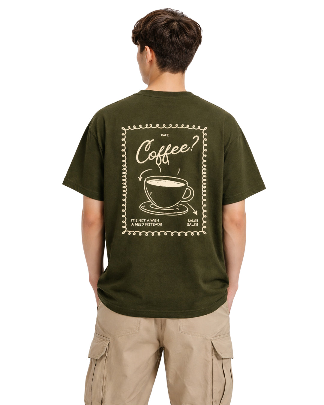 Coffee? Oversized Back Print T-Shirt – Olive Green