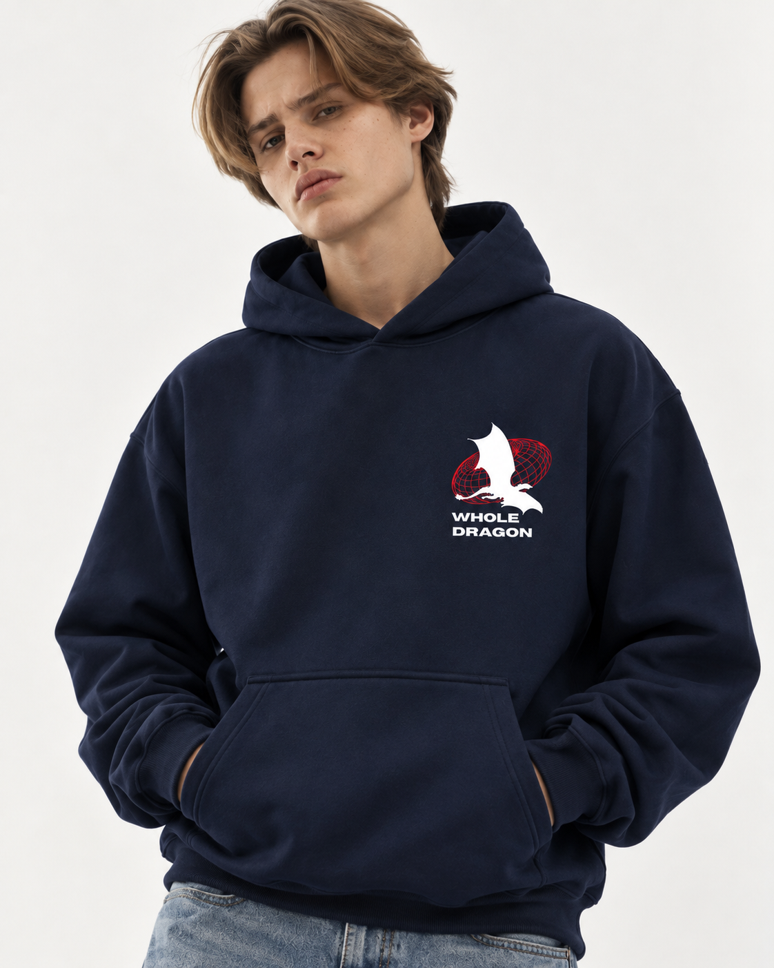 Men's Navy Blue WHOLE DRAGON Graphic Print Pullover Hoodie - BLUE