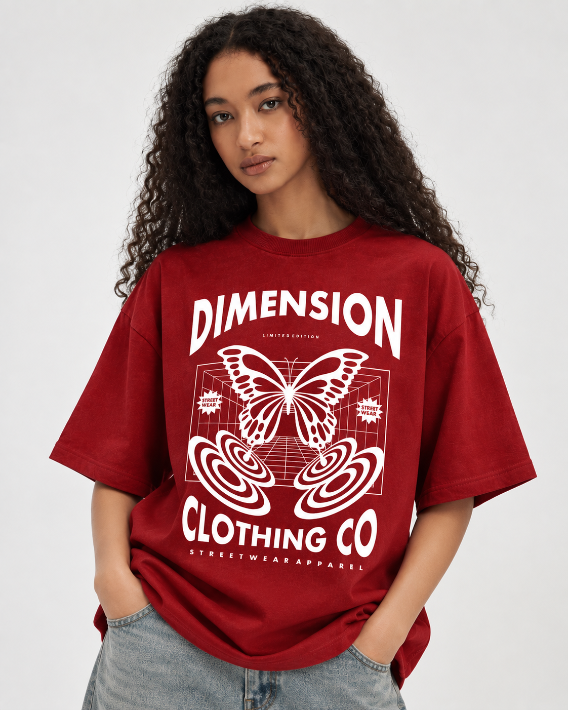 Women’s “Dimension” Butterfly Relaxed Fit Red Oversized T-Shirt – 180 GSM