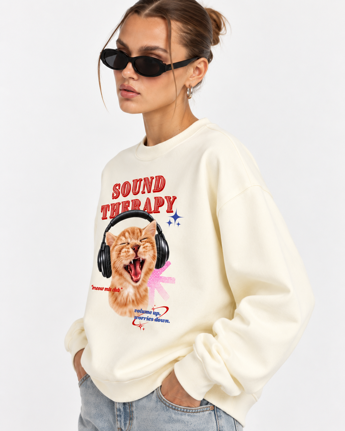 Sound Therapy Cat Graphic Cream Sweatshirt - beige