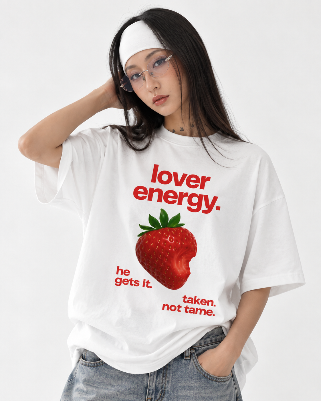 "Women's Lover Energy Oversized T-Shirt - White - 180 GSM Regular Fit "