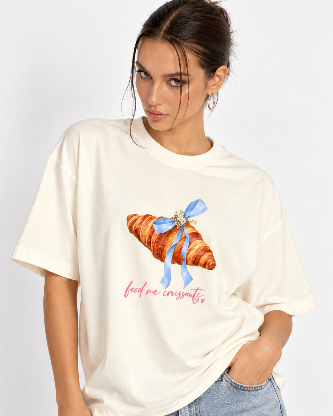 Women’s Feed Me Croissants Cream White Oversized T-Shirt – 180 GSM
