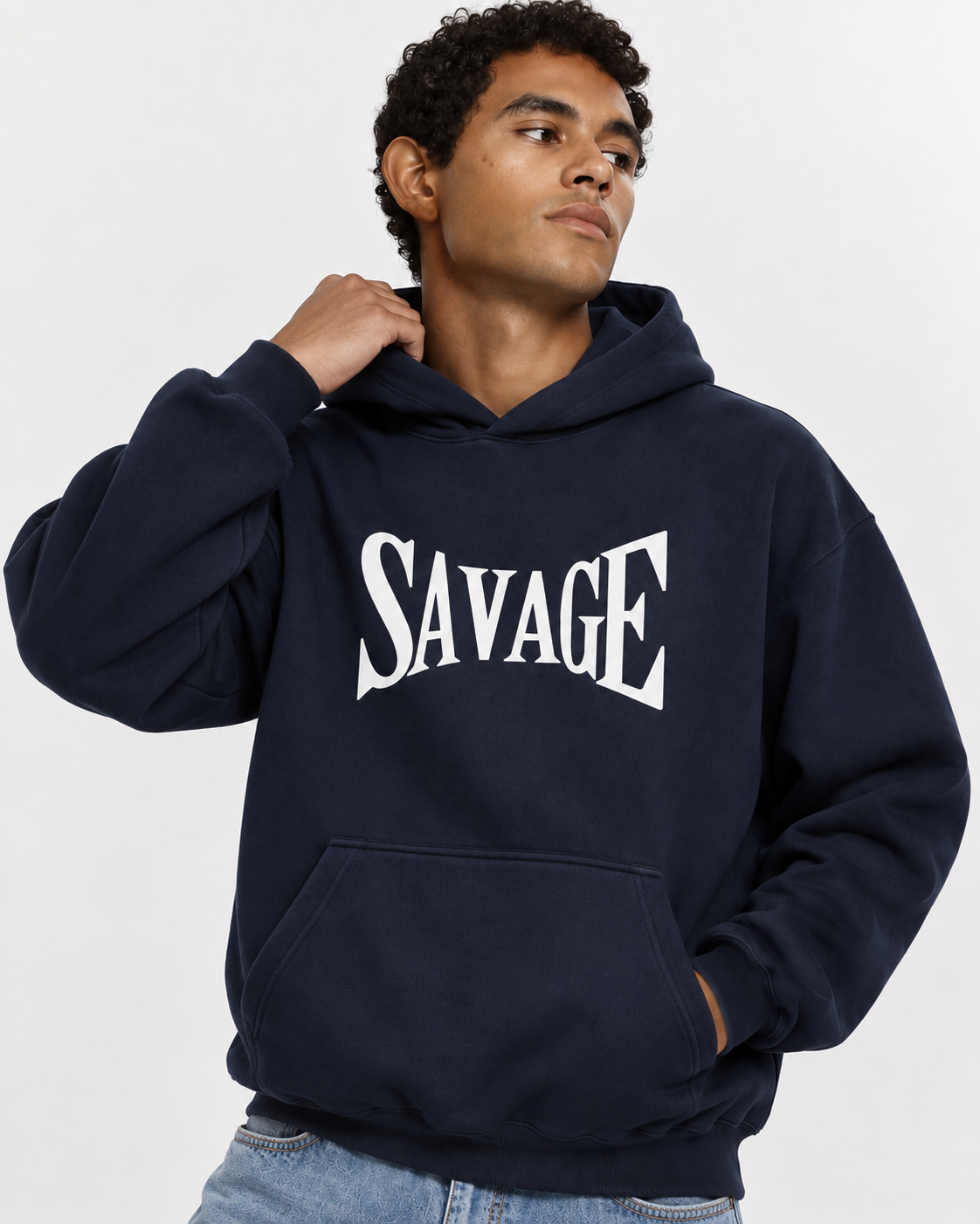 Men's Navy Blue SAVAGE Graphic Print Pullover Hoodie - BLUE