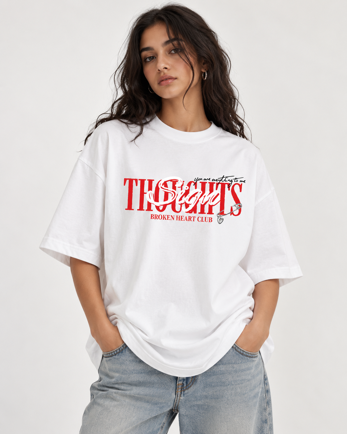 Women’s  “The Broken Hearts Club” Relaxed Fit White Oversized T-Shirt – 180 GSM