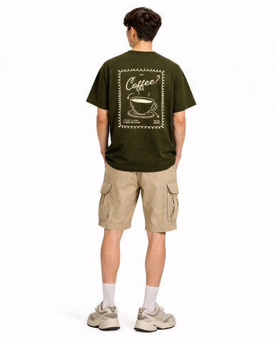 Coffee? Oversized Back Print T-Shirt – Olive Green