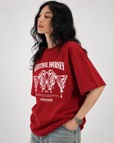 Women’s “Beautiful Journey” Butterfly Relaxed Fit Red Oversized T-Shirt – 180 GSM