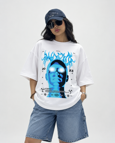 Women’s “Cyborg” FuturisticRelaxed Fit White Oversized T-Shirt – 180 GSM