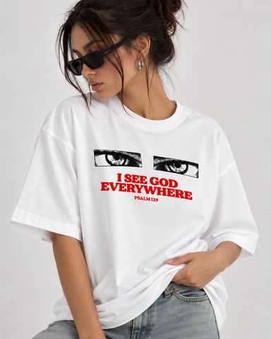 Women’s “I See God Everywhere Relaxed Fit White Oversized T-Shirt – 180 GSM