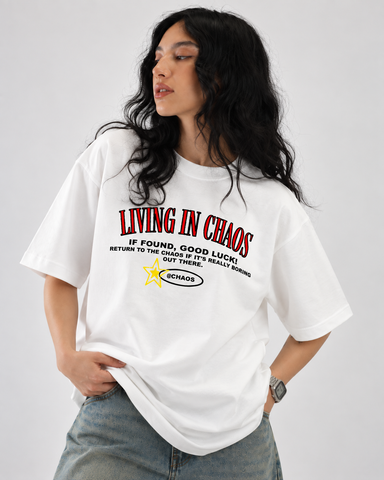 Women’s “Living in Chaos” Relaxed Fit White Oversized T-Shirt – 180 GSM