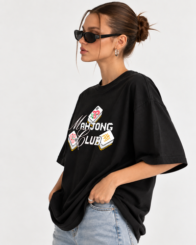 "Women's Mahjong Club Oversized T-Shirt - Black - 180 GSM Regular Fit "
