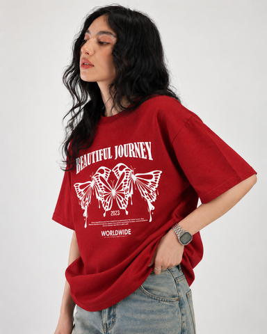 Women’s “Beautiful Journey” Butterfly Relaxed Fit Red Oversized T-Shirt – 180 GSM