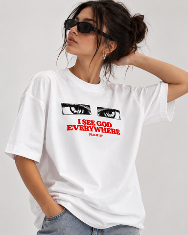 Women’s “I See God Everywhere Relaxed Fit White Oversized T-Shirt – 180 GSM