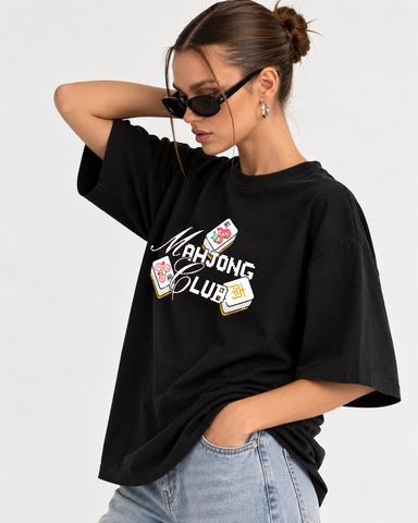 "Women's Mahjong Club Oversized T-Shirt - Black - 180 GSM Regular Fit "