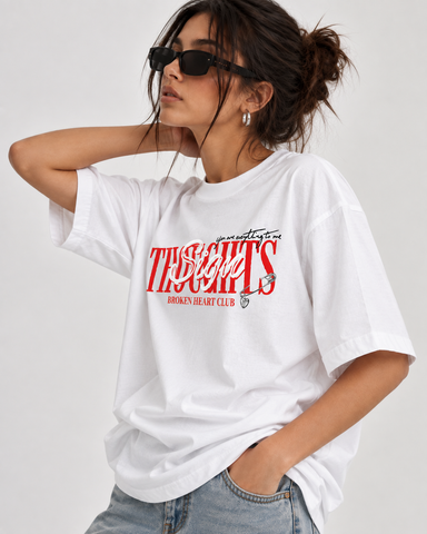 Women’s  “The Broken Hearts Club” Relaxed Fit White Oversized T-Shirt – 180 GSM