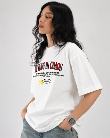 Women’s “Living in Chaos” Relaxed Fit White Oversized T-Shirt – 180 GSM