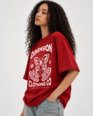 Women’s “Dimension” Butterfly Relaxed Fit Red Oversized T-Shirt – 180 GSM