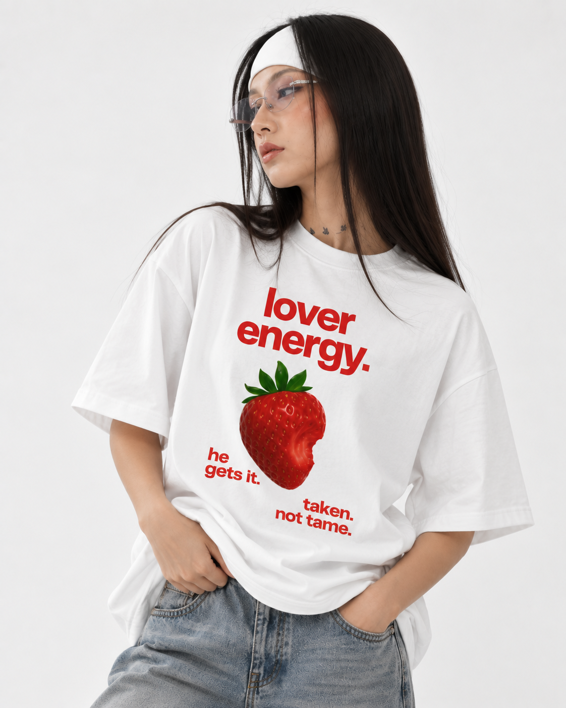 "Women's Lover Energy Oversized T-Shirt - White - 180 GSM Regular Fit "