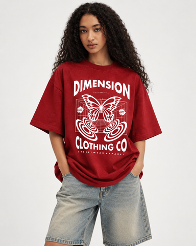 Women’s “Dimension” Butterfly Relaxed Fit Red Oversized T-Shirt – 180 GSM