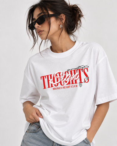 Women’s  “The Broken Hearts Club” Relaxed Fit White Oversized T-Shirt – 180 GSM