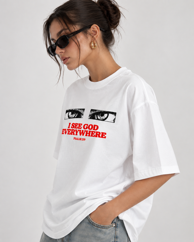 Women’s “I See God Everywhere Relaxed Fit White Oversized T-Shirt – 180 GSM