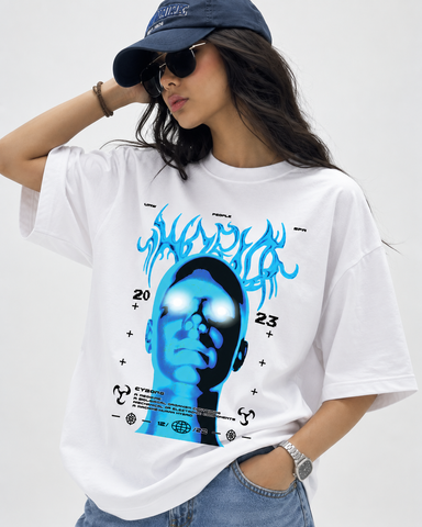 Women’s “Cyborg” FuturisticRelaxed Fit White Oversized T-Shirt – 180 GSM