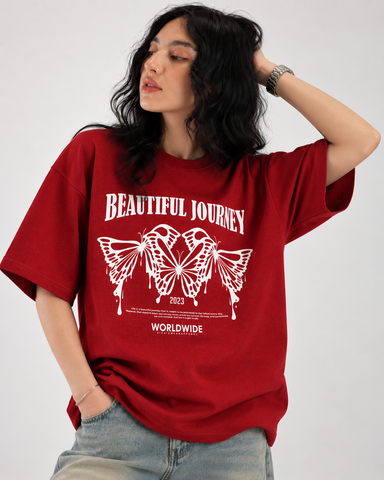 Women’s “Beautiful Journey” Butterfly Relaxed Fit Red Oversized T-Shirt – 180 GSM