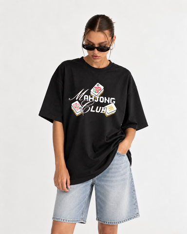 "Women's Mahjong Club Oversized T-Shirt - Black - 180 GSM Regular Fit "