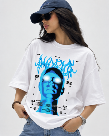 Women’s “Cyborg” FuturisticRelaxed Fit White Oversized T-Shirt – 180 GSM