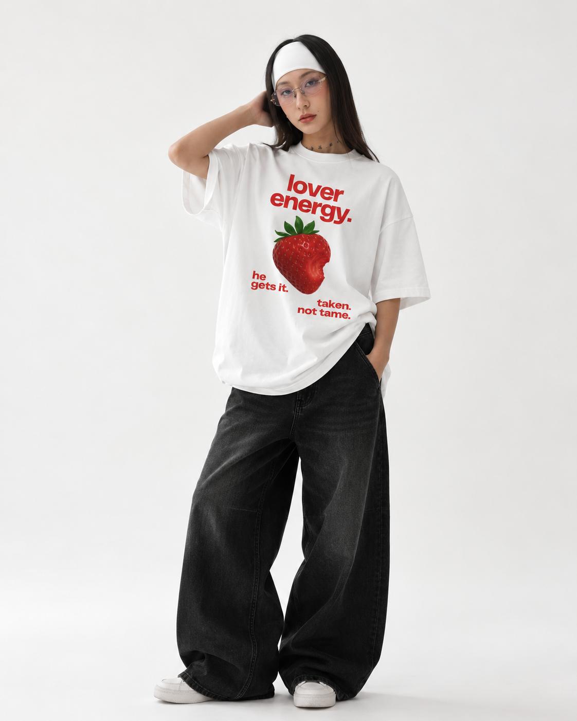 "Women's Lover Energy Oversized T-Shirt - White - 180 GSM Regular Fit "